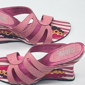 Carlos by Calos Santana Genuine Leather Sandals PINK Striped Wedge Heels Slides